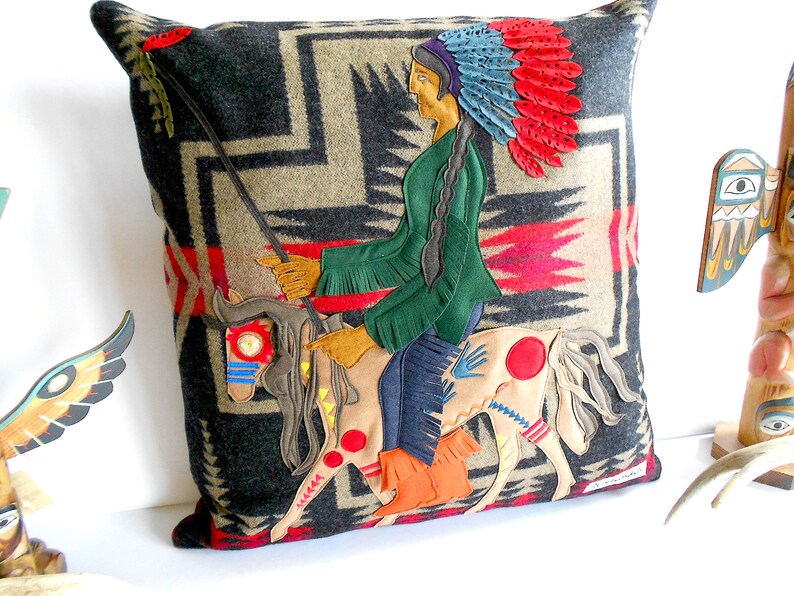 Harding American Heritage X Portland Woolen Mill Throw Pillow featuring Native American Indian Chief on his War Pony