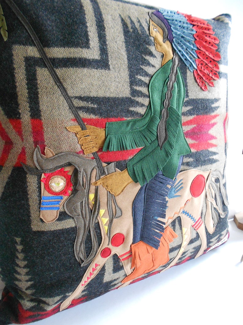 Harding American Heritage X Portland Woolen Mill Throw Pillow featuring Native American Indian Chief on his War Pony