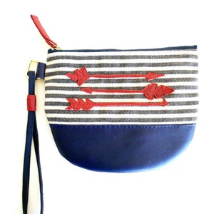 Black and White Stripe Canvas Navy Blue Leather Wristlet with Red Leather Arrows image 4