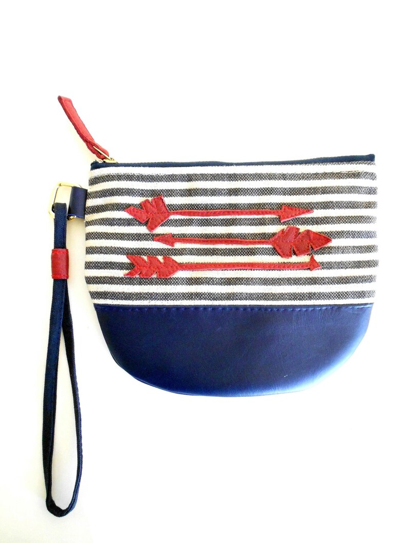 Black and White Stripe Canvas Navy Blue Leather Wristlet with Red Leather Arrows image 4