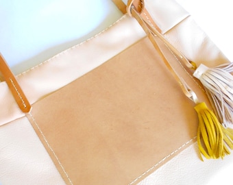 Blush Pink  and Vegetable Tanned Leather Bag + Mustard Yellow and Pink Tassels