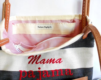 Mama Pajama Black and White Stripe Over the Shoulder Tote Bag with Vegetable Tanned Leather Straps and Handstitched Pocket