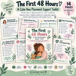 Könnte beinhalten: Ein 14-seitiges, als A4-PDF druckbares Toolkit mit dem Titel The First 48 Hours, das Arbeitsblätter für Betreuer enthält. Das Cover zeigt eine Illustration eines Erwachsenen, der ein Kind mit einem Teddybären umarmt, umgeben von Checklisten.