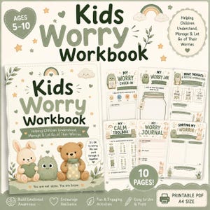 May include: A Kids Worry Workbook printable PDF in A4 size, featuring a cover with a bunny, monster, and bear holding a jar. The workbook includes 10 pages with activities like My Worry Check-In, My Worry Jar, My Calm Toolbox, and My Worry Journal.