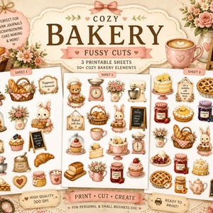 Könnte beinhalten: Drei druckbare Bögen mit über 50 Illustrationen zum Thema gemütliche Bäckerei, darunter Teddybären, Hasen, Kuchen, Torten, Brot, Kaffeetassen und Küchenwaagen, alle in einer warmen Farbpalette mit dekorativen Textelementen gestaltet.