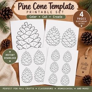 Puede incluir: Un conjunto imprimible de cuatro páginas con plantillas de arte lineal en blanco y negro de piñas en varios tamaños. El texto en las páginas dice Pine Cone Template, Printable Set, Color, Cut, Create, 4 Pages Different Sizes e Instant Download.