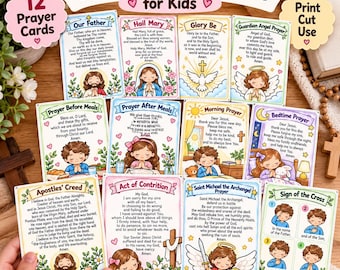 May include: A set of 12 Catholic prayer cards for kids featuring colorful illustrations and text for prayers including Our Father, Hail Mary, Glory Be, Guardian Angel, and others, with a Sign of the Cross card showing four steps.