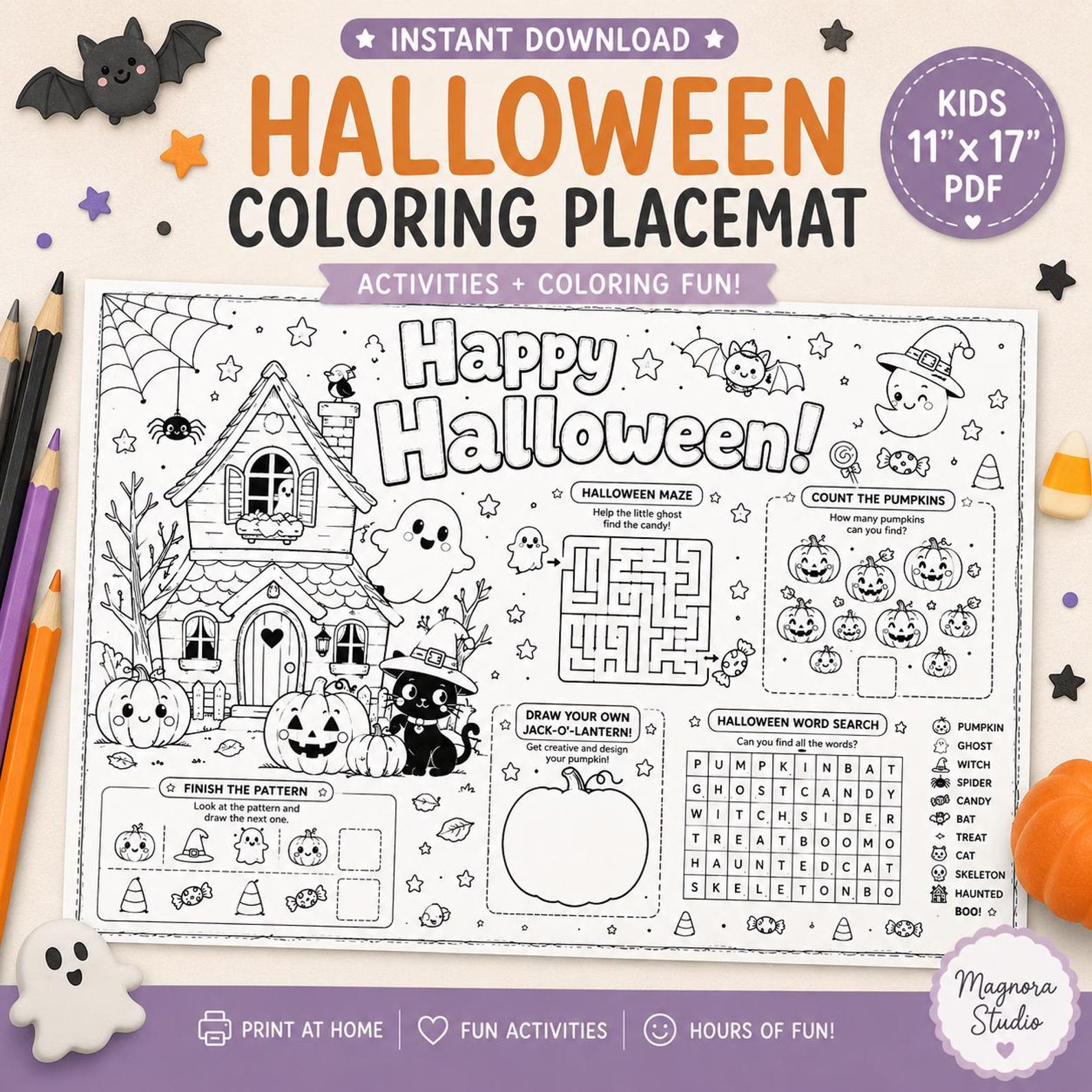 Halloween coloring placemat preview with a large greeting, haunted house and small activity panels.