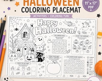 May include: A printable Halloween coloring placemat featuring a haunted house, a black cat, ghosts, a maze, a word search, and pumpkin counting activities. The text reads Happy Halloween, Kids 11" x 17" PDF, and Activities + Coloring Fun.