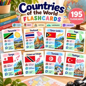 May include: A set of educational flashcards titled Countries of the World, featuring 195 cards. Each card displays a national flag, a map outline, the capital city, continent, and primary language, accompanied by a colorful illustration of a landmark.