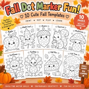 Puede incluir: Un conjunto de actividades digitales titulado Fall Dot Marker Fun que incluye 10 plantillas imprimibles con dibujos de líneas en blanco y negro de temas otoñales como una manzana, hoja de arce, bellota, ardilla, seta, girasol, pavo, tarta y árbol.