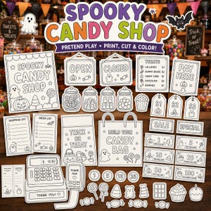 Peut inclure: Un ensemble de jeu de rôle imprimable Spooky Candy Shop comprenant des dessins au trait noir et blanc d'une caisse enregistreuse, de monnaie fictive, de listes de courses, de sacs de bonbons et d'étiquettes. Inclut des fantômes et citrouilles.