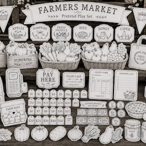 Op de afbeelding: Een Farmers Market rollenspelset met zwart-witillustraties van producten, kratten, manden, een kassa, prijskaartjes, speelgeld, borden en bestelformulieren. De set bevat labels voor appels, pompoenen, taarten, honing en cider.