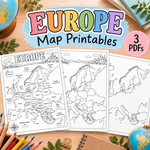May include: Three printable black and white map sheets of Europe featuring outlines of countries, bodies of water, and a compass rose. The top text reads "EUROPE Map Printables" in colourful letters, with a pink circle stating "3 PDFs" on the right.