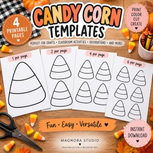 May include: Four printable pages of candy corn templates featuring black outlines on white paper. The pages show one, two, four, and six candy corn shapes per sheet. The text includes Candy Corn Templates, 4 Printable Pages, and Magnora Studio.
