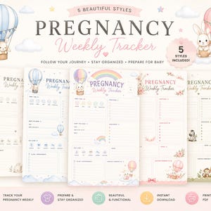 Puede incluir: Cinco hojas de seguimiento semanal del embarazo con ilustraciones en tonos pastel de globos aerostáticos, conejos y leones. Cada hoja incluye secciones para síntomas, desarrollo del bebé y citas con el texto Pregnancy Weekly Tracker.