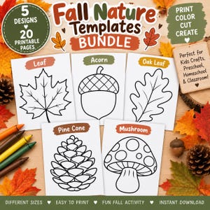 Fall Templates Bundle Printable | Pages Fall Crafts for Kids Cut out  | Leaf Acorn Mushroom Pine Cone stencil | Preschool Autumn Activities