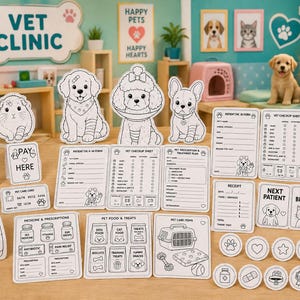 Puede incluir: Un conjunto de recortes de papel en blanco y negro para una clínica veterinaria de juguete, que incluye figuras de animales con vendajes, formularios médicos, una caja registradora, etiquetas de comida y fichas circulares con iconos.