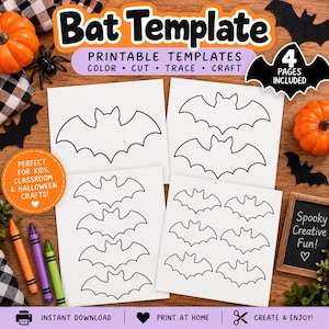 May include: A printable bat template set featuring four pages of black and white bat outlines for crafting. The pages include various sizes of bat shapes, with text headers reading Bat Template, Printable Templates, and 4 Pages Included.