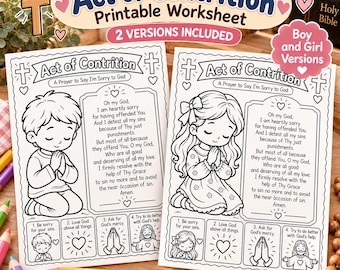 May include: Two printable Act of Contrition worksheets featuring black and white line art of a child praying. Each page includes the prayer text, four numbered steps, and illustrations of hearts and crosses. The title reads Act of Contrition.