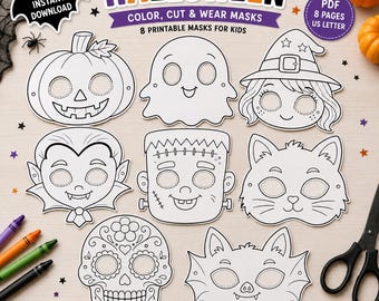 May include: A set of eight printable Halloween masks for kids featuring outlines of a pumpkin, ghost, witch, vampire, Frankenstein monster, cat, sugar skull, and bat. The digital file includes text stating INSTANT DOWNLOAD and PDF 8 PAGES US LETTER.
