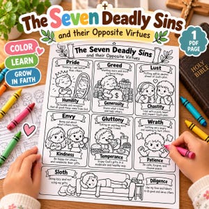Puede incluir: Una página para colorear imprimible en blanco y negro titulada The Seven Deadly Sins and their Opposite Virtues. La hoja presenta seis recuadros ilustrados que representan pecados como el orgullo, la codicia, la lujuria, la envidia, la gula y la ira.