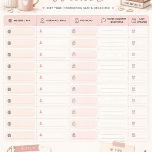 Puede incluir: Una hoja de seguimiento de contraseñas con un esquema de color rosa claro y blanco. El encabezado dice PASSWORD tracker y KEEP YOUR INFORMATION SAFE & ORGANIZED. Incluye columnas para sitio web, usuario, contraseña, notas y fecha.