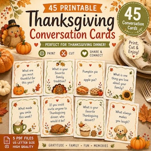 Puede incluir: Un conjunto de 45 tarjetas de conversación imprimibles para Acción de Gracias con ilustraciones otoñales como pavos, calabazas y pasteles. Cada tarjeta muestra una pregunta única rodeada de hojas de otoño y follaje decorativo.