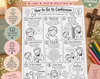 May include: A black and white printable educational sheet titled How to Go to Confession, featuring eight numbered steps with illustrations of a child and a priest, including text instructions for the Sacrament of Reconciliation on a white background.