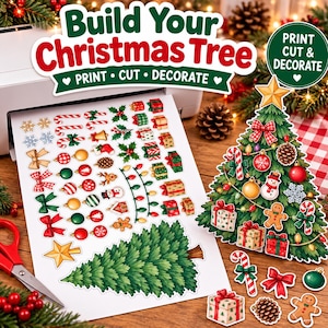 Puede incluir: Una hoja de manualidades imprimible con un árbol de Navidad verde y varios adornos festivos, incluyendo lazos, bastones de caramelo, regalos, piñas y hombres de jengibre. El texto dice Build Your Christmas Tree, Print, Cut, Decorate.