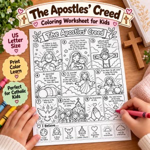 Op de afbeelding: Een zwart-wit kleurwerkblad getiteld The Apostles' Creed, met tien genummerde vakken met illustraties van religieuze scènes, tekst en een onderste gedeelte met iconen om in te kleuren op een pagina van standaardformaat.