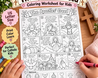 May include: A black and white coloring worksheet titled The Apostles' Creed, featuring ten numbered panels with illustrations depicting religious scenes, text, and a bottom section with icons to color, all printed on a standard US letter size page.