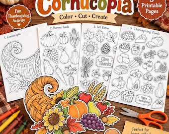 May include: A set of five printable pages for a Thanksgiving activity featuring black and white line art of a cornucopia, harvest foods, and fall items. A colorful cutout of a cornucopia filled with pumpkins, sunflowers, and fruit is shown.