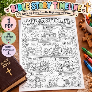 Könnte beinhalten: Ein schwarz-weißes, druckbares Blatt mit einer biblischen Zeitleiste, das zehn nummerierte Illustrationen biblischer Ereignisse von der Schöpfung bis zur Auferstehung zeigt, mit dem Text "BIBLE STORY TIMELINE" und "God's Big Story from the Beginning to Forever".
