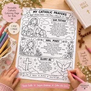 以下が含まれることがあります： My Catholic Prayers、Our Father、Hail Mary、Glory Beというテキストが書かれた印刷可能なカトリックの塗り絵ページ。このシートには、子供たちと一緒のイエス、聖母マリア、十字架、鳩の白黒の線画イラストが含まれています。