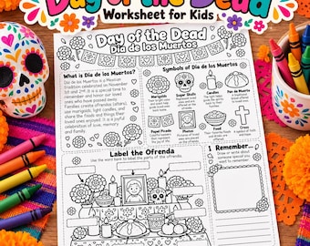 May include: A black and white educational worksheet titled Day of the Dead, featuring text and illustrations about Mexican traditions, symbols, and an ofrenda labeling activity, surrounded by colorful crayons and a decorative sugar skull.