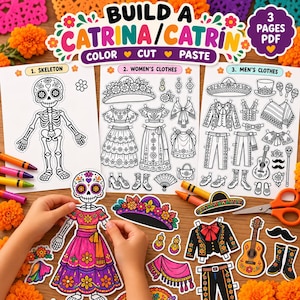 Puede incluir: Un conjunto de actividades en PDF imprimible titulado Build a Catrina/Catrin que incluye tres páginas de arte lineal en blanco y negro. Las páginas contienen una figura de esqueleto, varias prendas de vestir, accesorios y calzado para colorear, recortar y pegar.