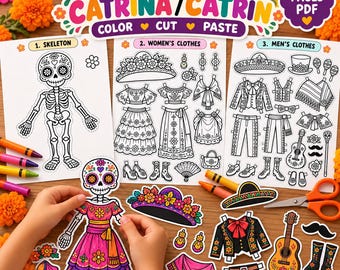 Peut inclure: Un ensemble d'activités PDF imprimable intitulé Build a Catrina/Catrin comprenant trois pages de dessins au trait en noir et blanc. Les pages incluent un squelette, divers vêtements, accessoires et chaussures à colorier, découper et coller.