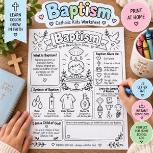 以下が含まれることがあります： 洗礼をテーマにした子供向けの白黒カトリック学習ワークシート。洗礼盤にいる子供、貝殻、ろうそく、衣服、油のイラストが描かれており、What is BaptismやSymbols of Baptismといったテキストが含まれています。