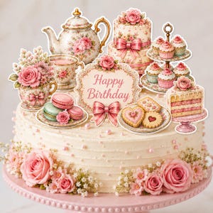 May include: A multi-tiered cake topper set featuring a teapot, teacup with flowers, macarons, cupcakes on a stand, a slice of cake, and a central sign with the text Happy Birthday, all decorated with pink roses and bows.