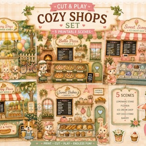 May include: A printable Cut & Play Cozy Shops set featuring five scenes: a lemonade stand, pizzeria, ice cream shop, hot dog stand, and bakery. Includes illustrated animal characters, furniture, and food accessories in a soft, warm colour palette.