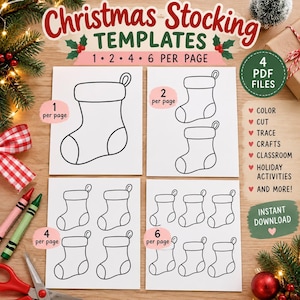 Op de afbeelding: Kerstsok-sjablonen als digitale download met vier pagina's met 1, 2, 4 en 6 sok-omtrekken per pagina. De tekst bevat Christmas Stocking TEMPLATES, 4 PDF FILES, COLOR, CUT, TRACE, CRAFTS, CLASSROOM, HOLIDAY ACTIVITIES, AND MORE!