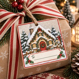 Puede incluir: Una etiqueta de regalo cuadrada con una ilustración de una cabaña invernal festiva con techos nevados, árboles de hoja perenne y una puerta roja. La etiqueta incluye un área de escritura color crema con el texto To: y una línea en blanco.