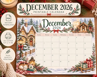 December 2026 Printable Calendar, Christmas Monthly Planner, Holiday Calendar, Letter Size PDF, Instant Digital Download