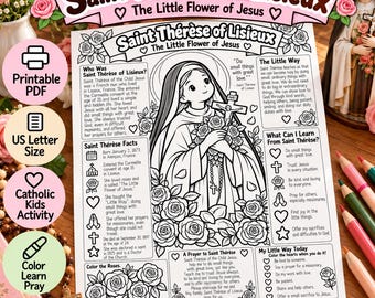 May include: A printable PDF coloring activity sheet featuring Saint Thérèse of Lisieux. The page includes a central illustration of the saint holding a crucifix and roses, surrounded by text sections, facts, a prayer, and heart-shaped checkboxes.