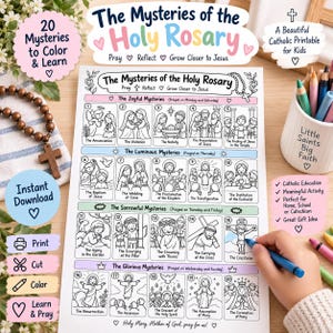 Può includere: Un foglio da colorare stampabile intitolato The Mysteries of the Holy Rosary, con venti illustrazioni numerate in bianco e nero che raffigurano scene bibliche. La pagina include sezioni per i misteri gaudiosi, luminosi, dolorosi e gloriosi.