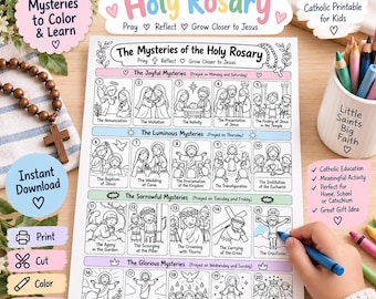 Mysteries of the Rosary for Kids Printable, Catholic Coloring Page, Holy Rosary Activity, 20 Rosary Mysteries, Catholic Religious Education