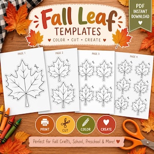 Fall Leaf Template Printable | Maple Leaf outline Cut Out | Autumn Coloring Pages for Kids | Fall Craft Preschool Activity | Thanksgiving