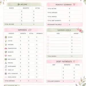 Puede incluir: Una hoja de presupuesto mensual con ilustraciones florales en rosa y verde. El diseño incluye secciones para ingresos, resumen mensual, gastos, metas de ahorro, pagos de deuda y notas, con el texto "Monthly BUDGET" en la parte superior.