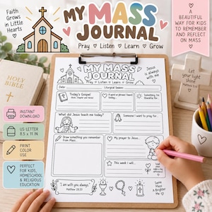 Puede incluir: Una hoja de actividades imprimible My Mass Journal en un portapapeles con secciones para fecha, temporada litúrgica, notas del evangelio, oraciones y dibujos. La página incluye ilustraciones de una iglesia, Jesús e iconos religiosos con texto.